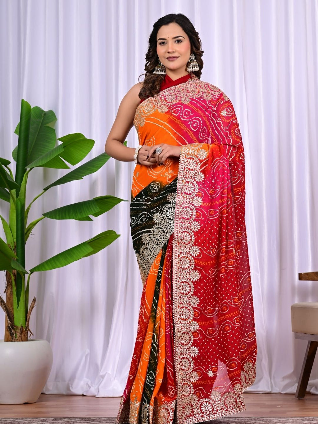 Multi-Colour Viscose Bandhej Saree with Intricate Gota Patti Work