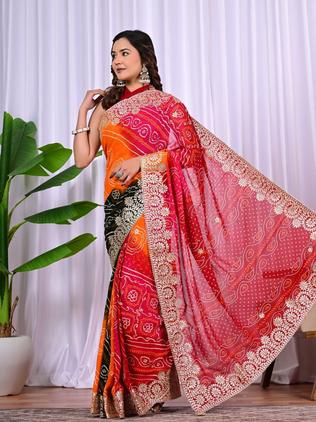 Multi-Colour Viscose Bandhej Saree with Intricate Gota Patti Work