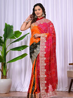 Multi-Colour Viscose Bandhej Saree with Intricate Gota Patti Work