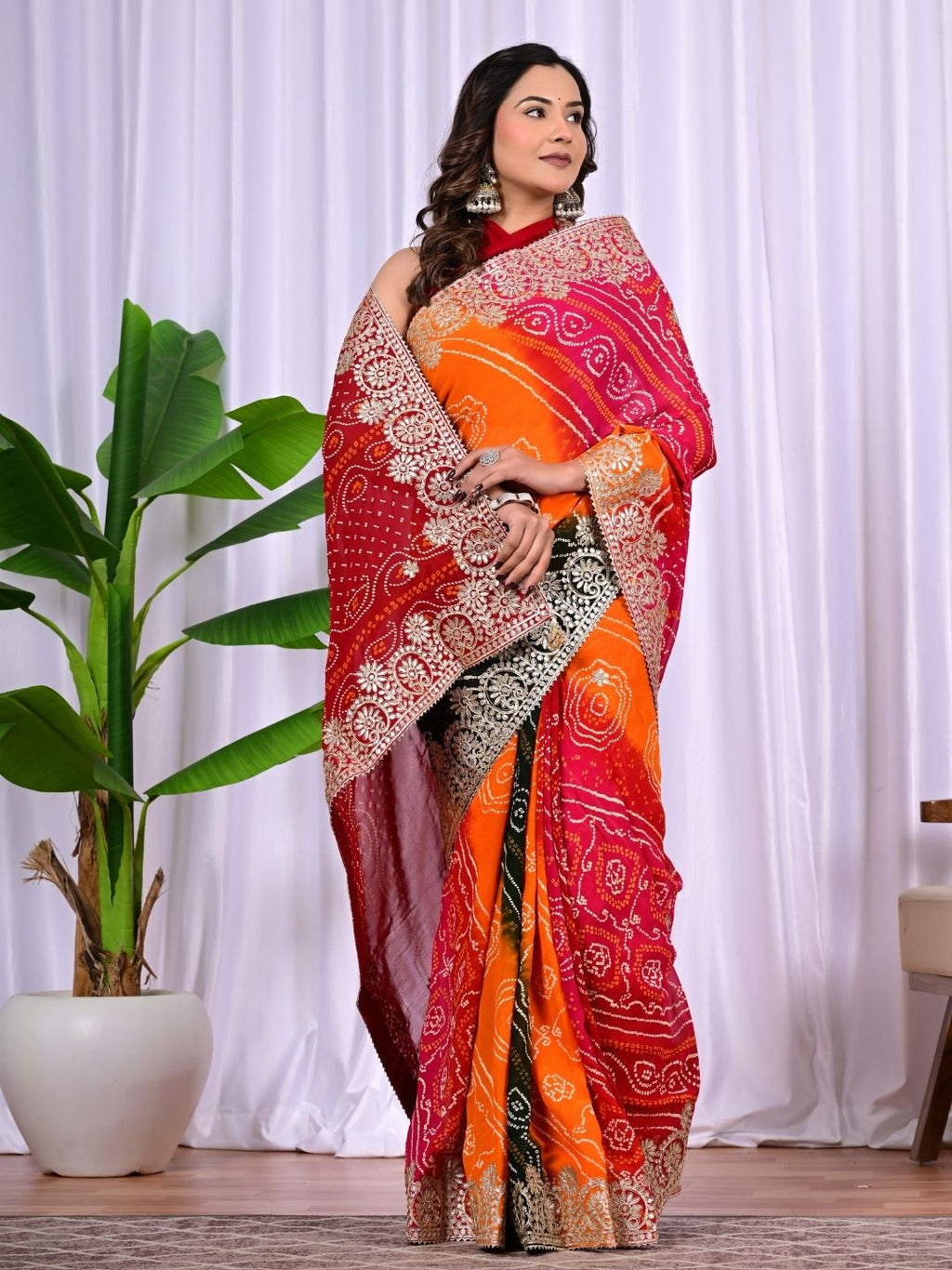 Multi-Colour Viscose Bandhej Saree with Intricate Gota Patti Work