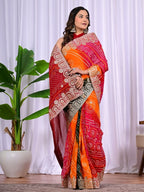 Multi-Colour Viscose Bandhej Saree with Intricate Gota Patti Work