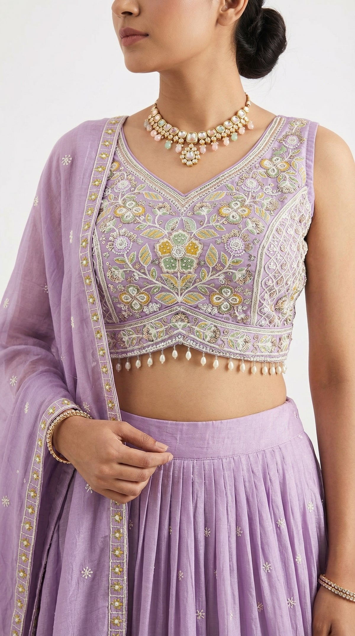 Resham Embroidered Lehenga Choli with Pearl Hem & Dupatta | Chinon Silk Festive Wear