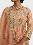 Peach Resham Embroidered Tissue Anarkali Gown with Dupatta | Festive Wear