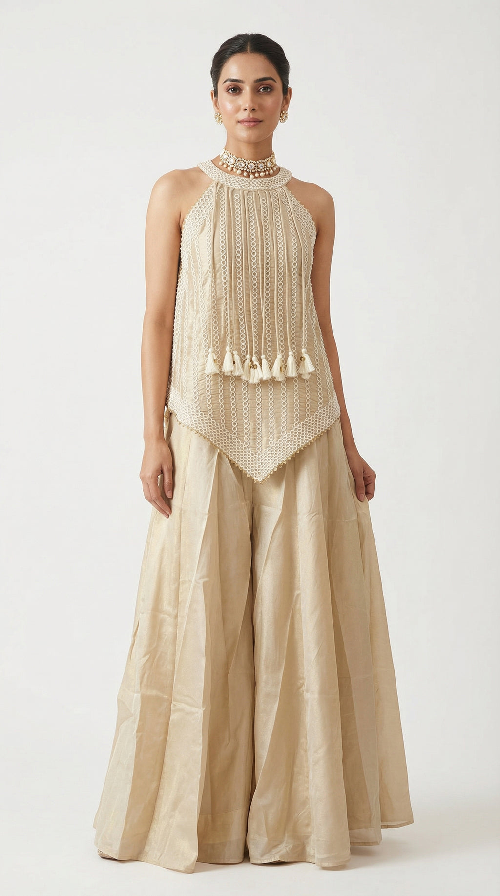 Beige Tissue Sharara Set with Halter Neck Peplum Top & Tassels | Mehendi & Festive Wear