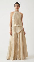 Beige Tissue Sharara Set with Halter Neck Peplum Top & Tassels | Mehendi & Festive Wear