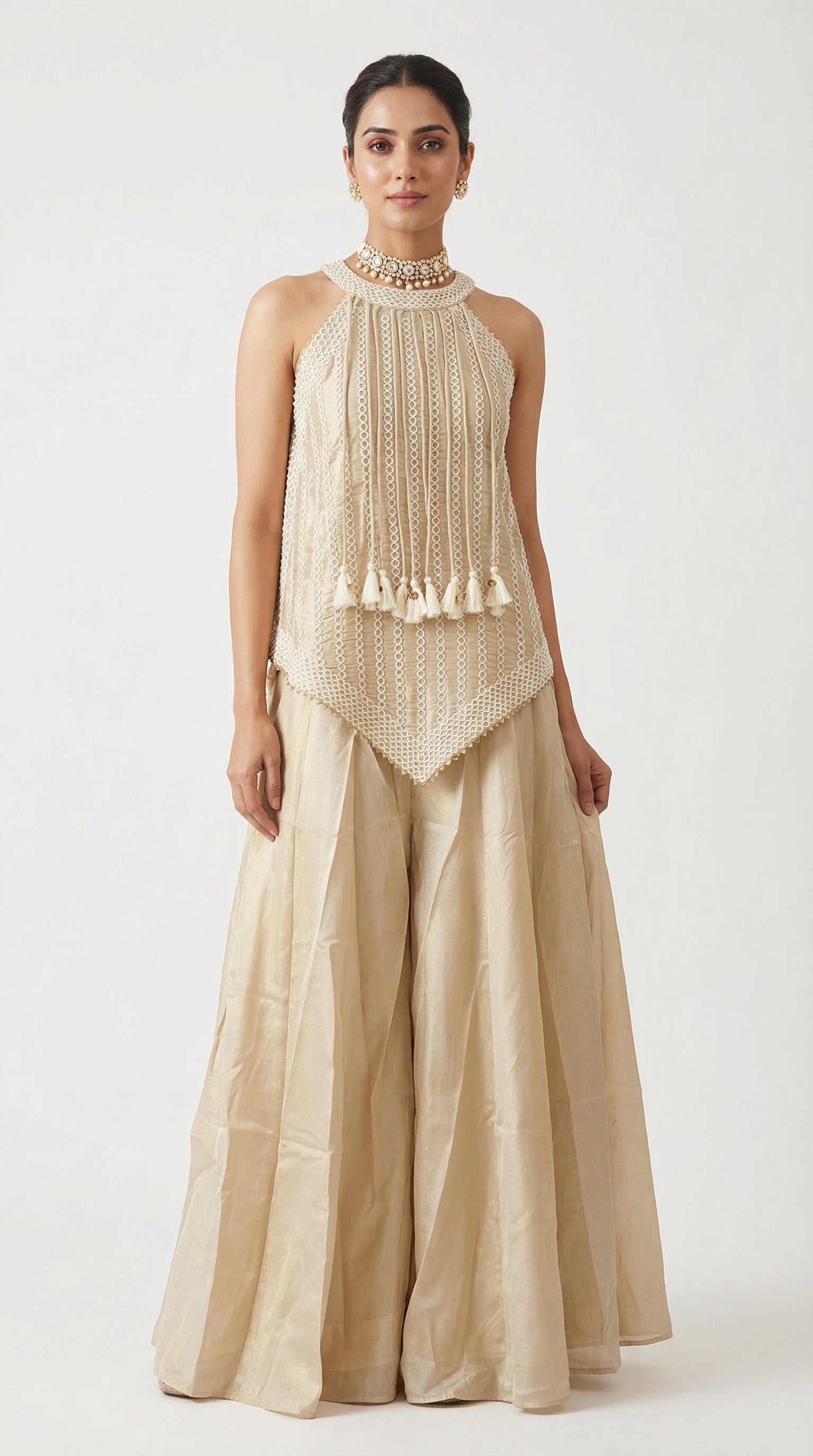 Beige Tissue Sharara Set with Halter Neck Peplum Top & Tassels | Mehendi & Festive Wear