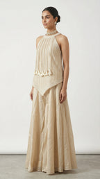 Beige Tissue Sharara Set with Halter Neck Peplum Top & Tassels | Mehendi & Festive Wear