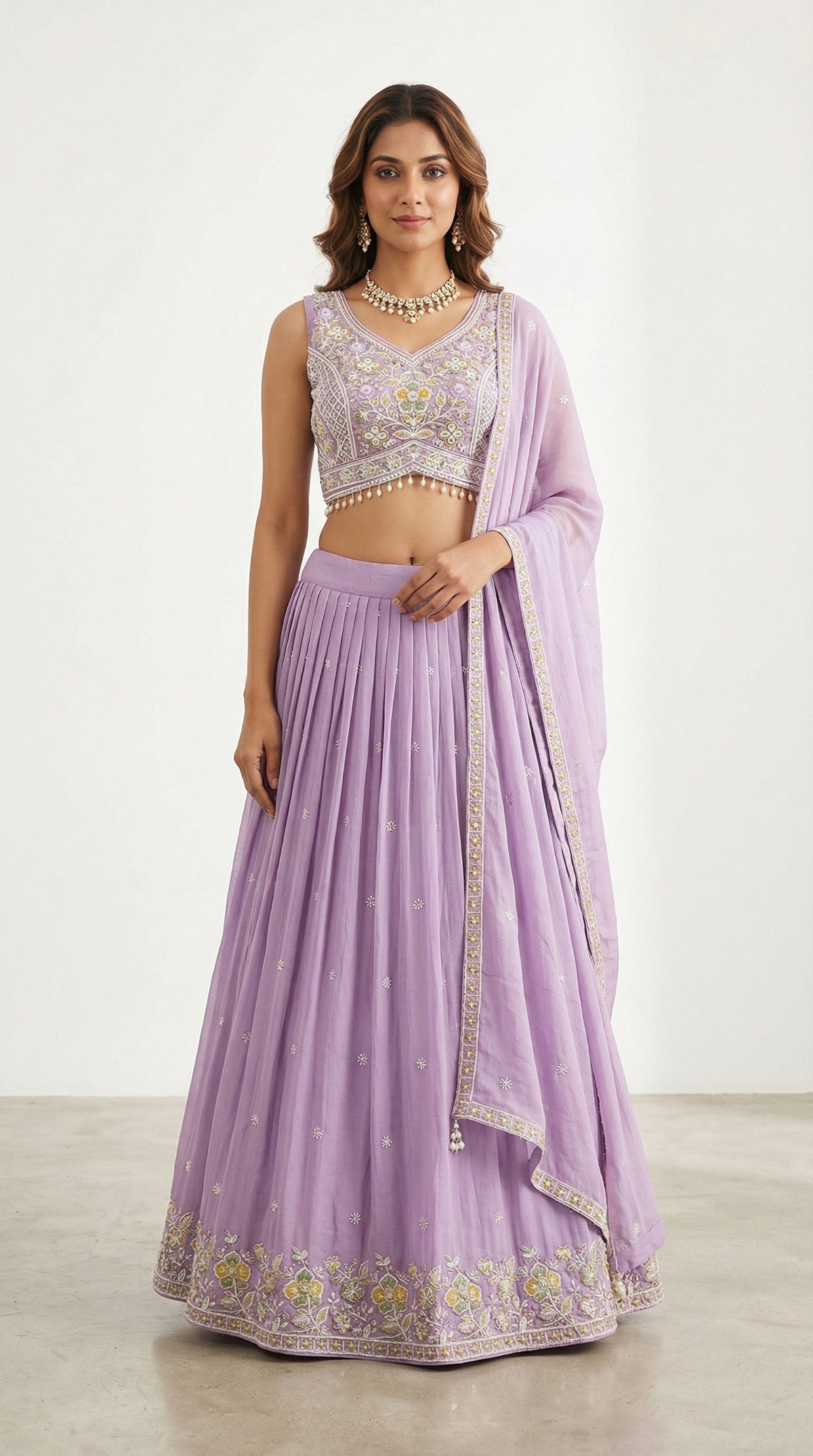 Resham Embroidered Lehenga Choli with Pearl Hem & Dupatta | Chinon Silk Festive Wear
