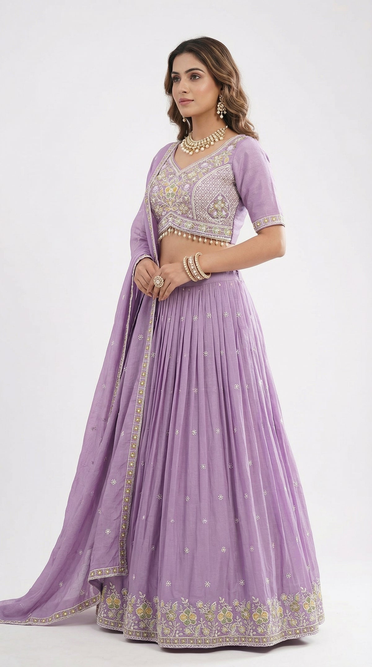 Resham Embroidered Lehenga Choli with Pearl Hem & Dupatta | Chinon Silk Festive Wear