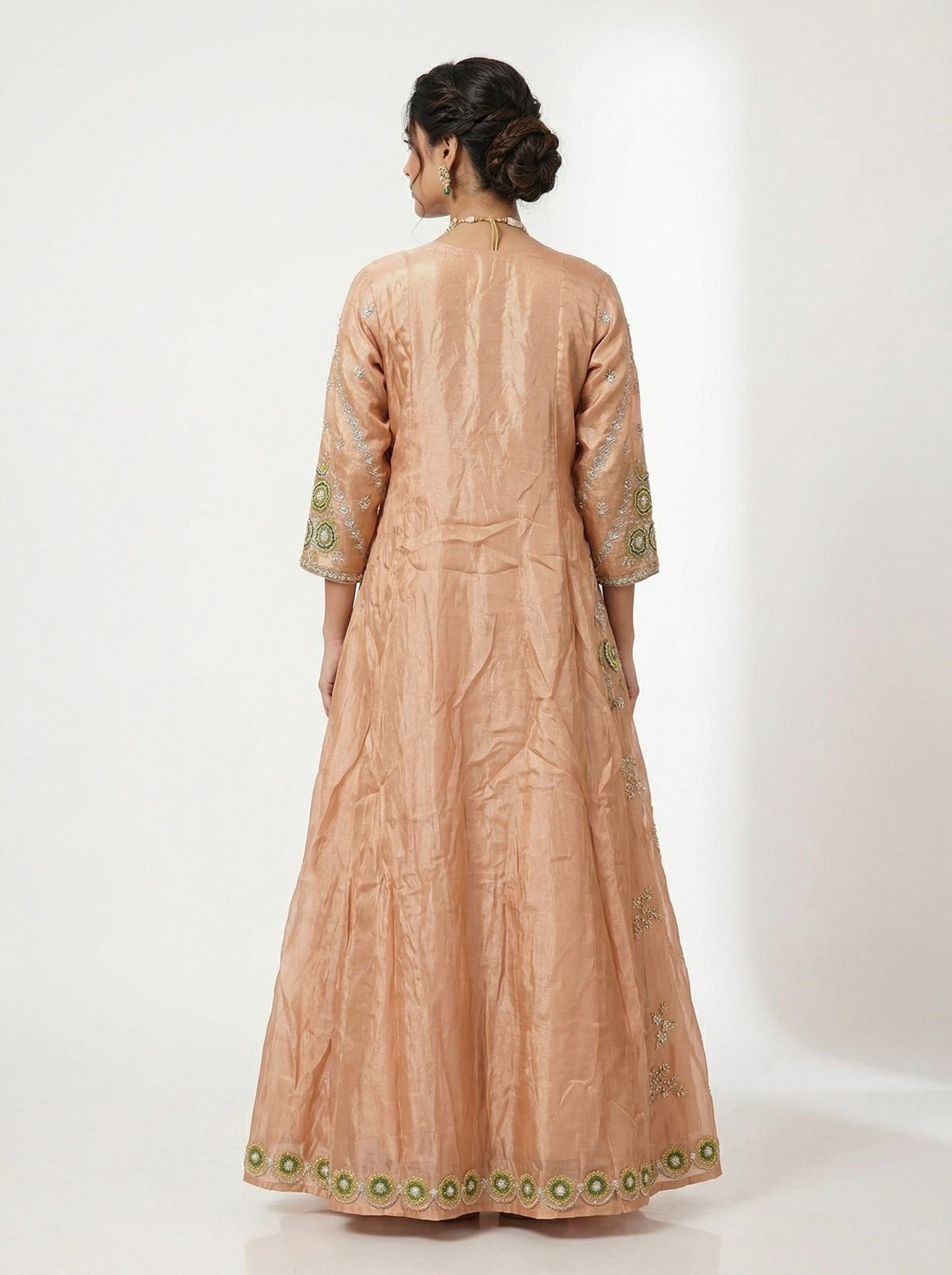 Peach Resham Embroidered Tissue Anarkali Gown with Dupatta | Festive Wear