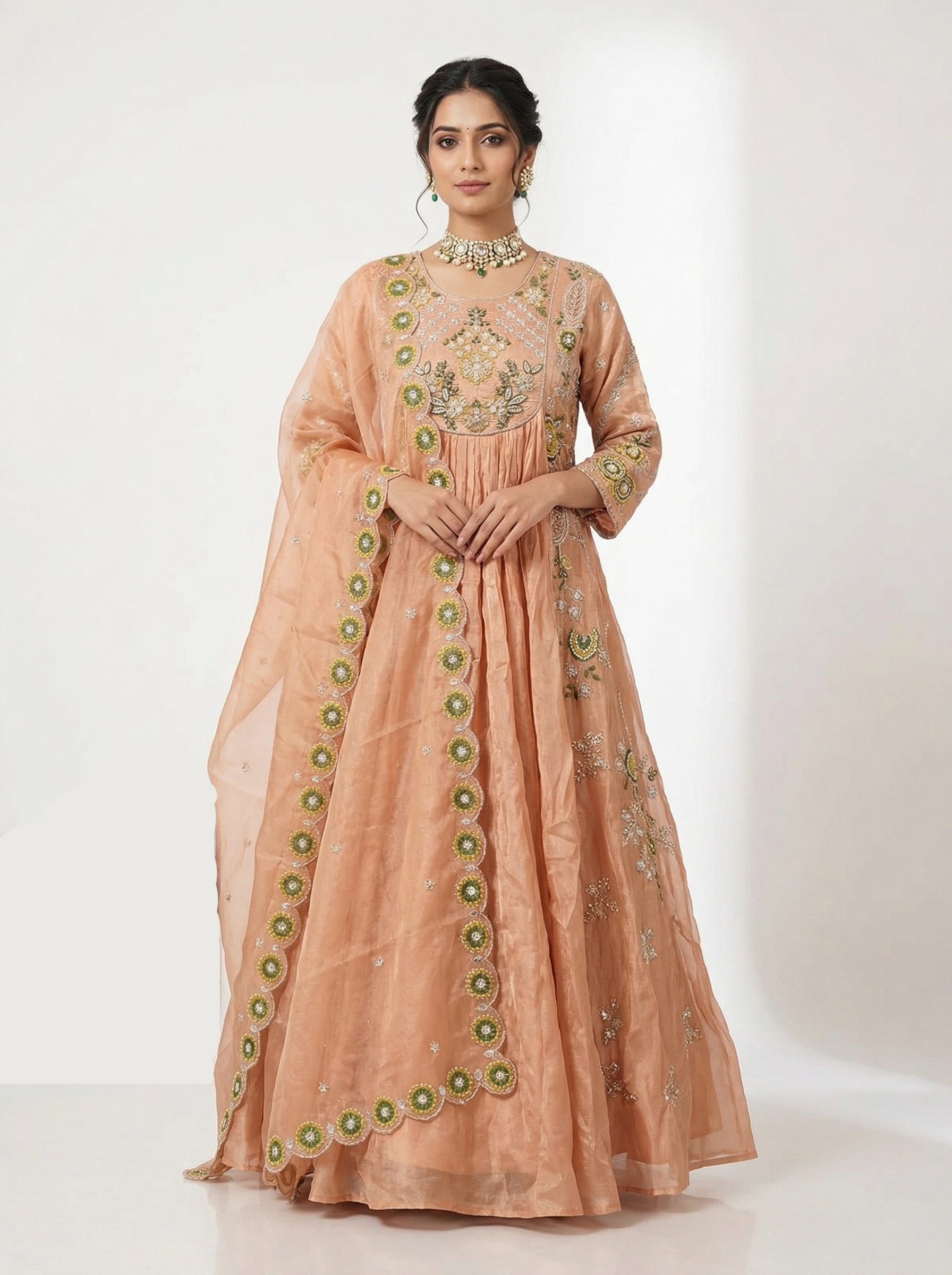 Peach Resham Embroidered Tissue Anarkali Gown with Dupatta | Festive Wear