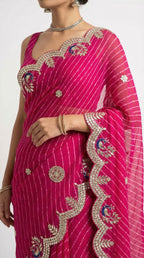 Rani Pink Motda Leheriya Saree with Gotta Patti Peacock Border | Lightweight Festive & Wedding Saree with Designer Blouse