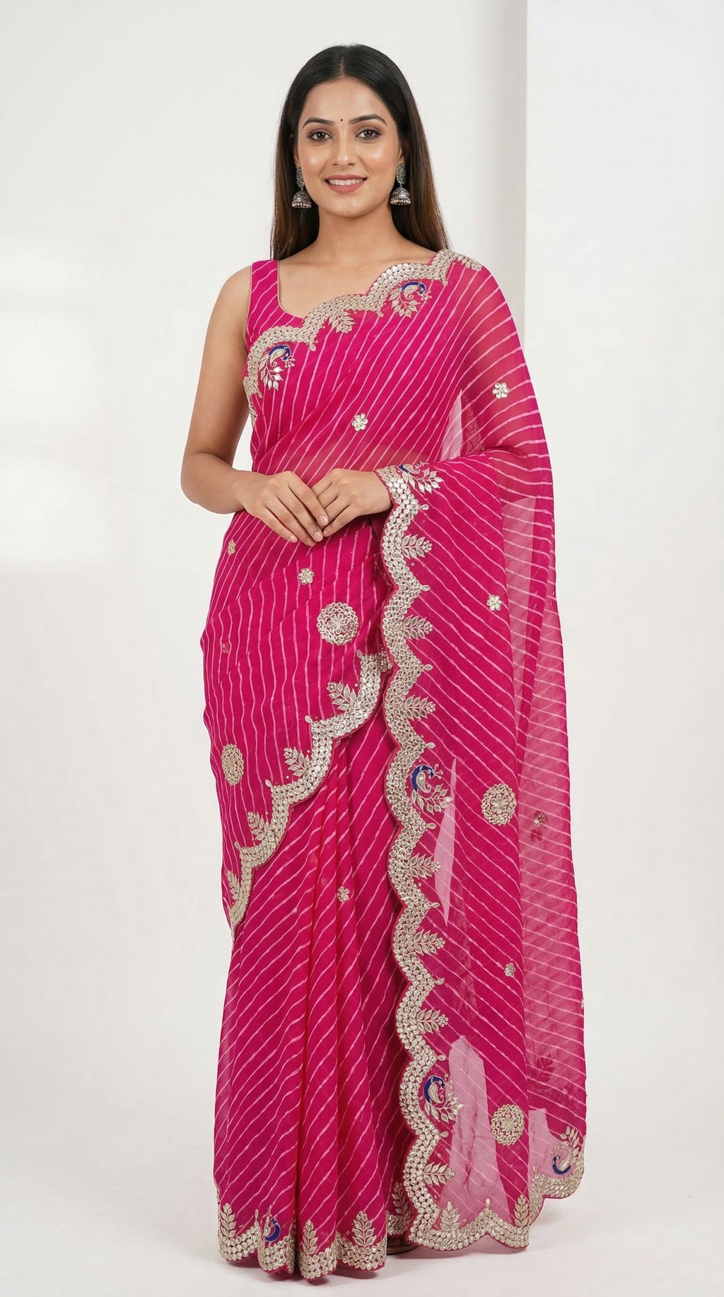 Rani Pink Motda Leheriya Saree with Gotta Patti Peacock Border | Lightweight Festive & Wedding Saree with Designer Blouse