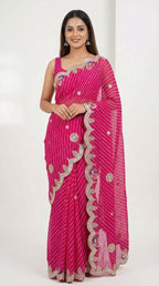 Rani Pink Motda Leheriya Saree with Gotta Patti Peacock Border | Lightweight Festive & Wedding Saree with Designer Blouse
