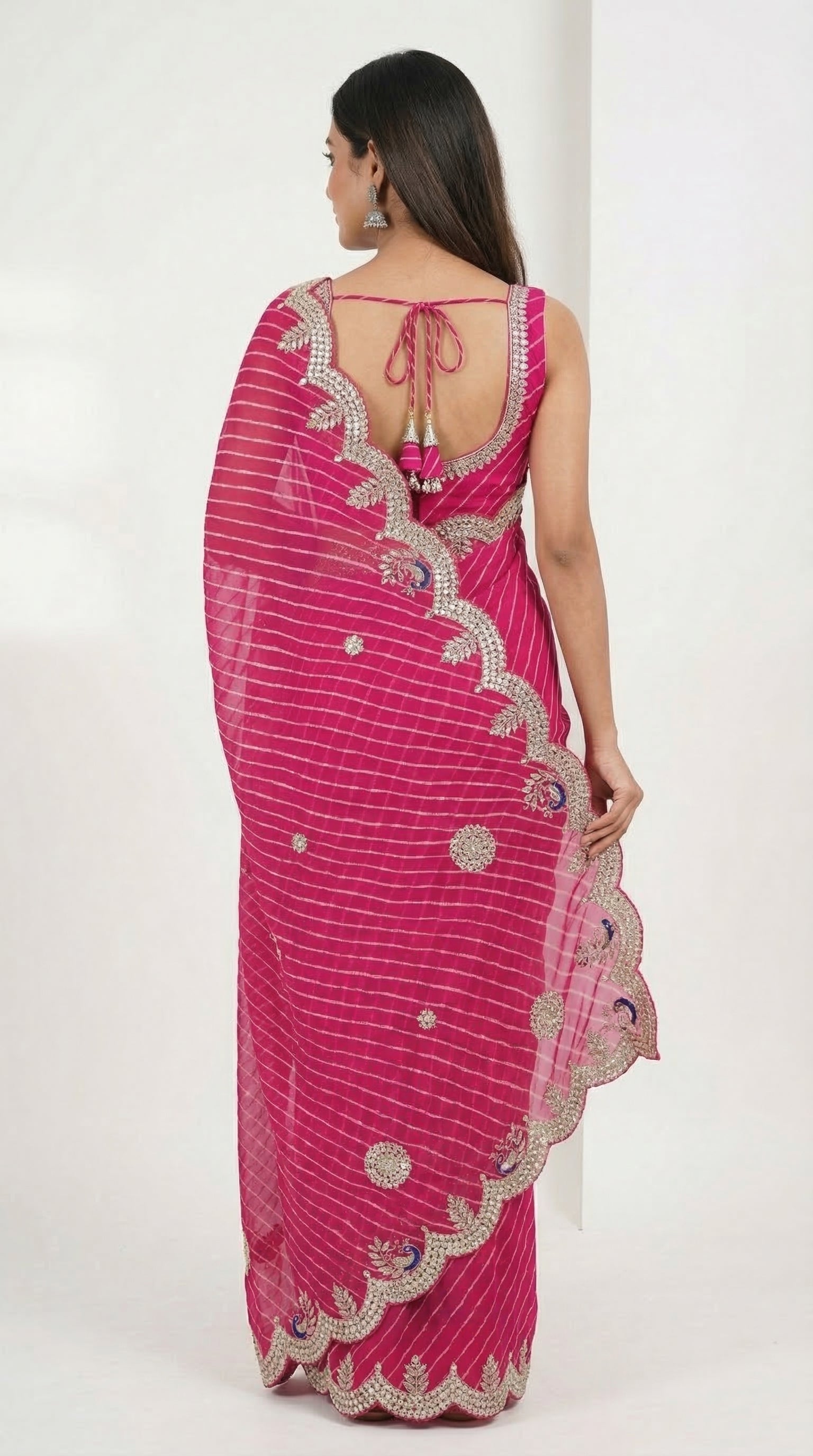 Rani Pink Motda Leheriya Saree with Gotta Patti Peacock Border | Lightweight Festive & Wedding Saree with Designer Blouse