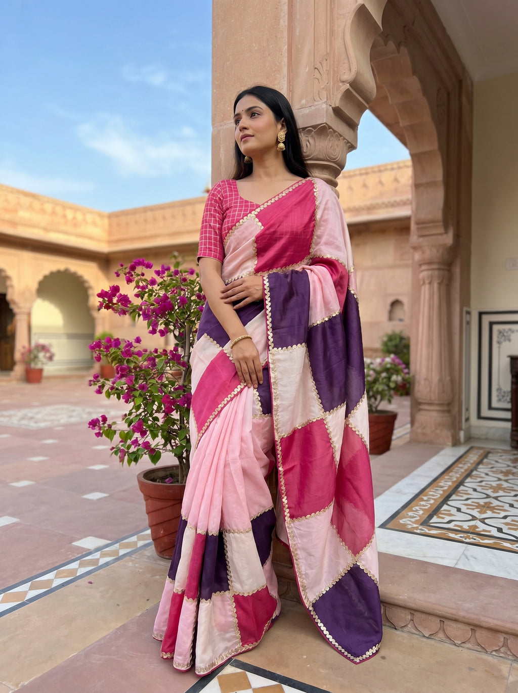 Royal Pastel Grid Chanderi Saree with Gota Patti Detailing | Elegant Party Wear Saree