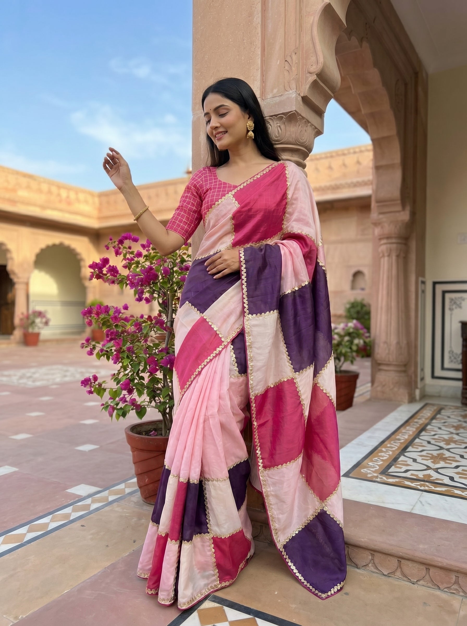 Royal Pastel Grid Chanderi Saree with Gota Patti Detailing | Elegant Party Wear Saree