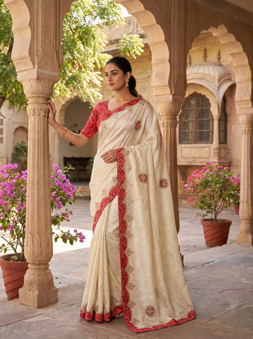 Ivory Self Tissue Silk Saree with Patola Ikat Border, Gota Patti Embroidery & Circular Butti — Comes with Matching Blouse | 3 Border Colour Options