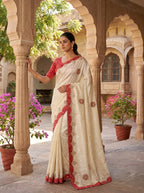 Ivory Self Tissue Silk Saree with Patola Ikat Border, Gota Patti Embroidery & Circular Butti — Comes with Matching Blouse | 3 Border Colour Options