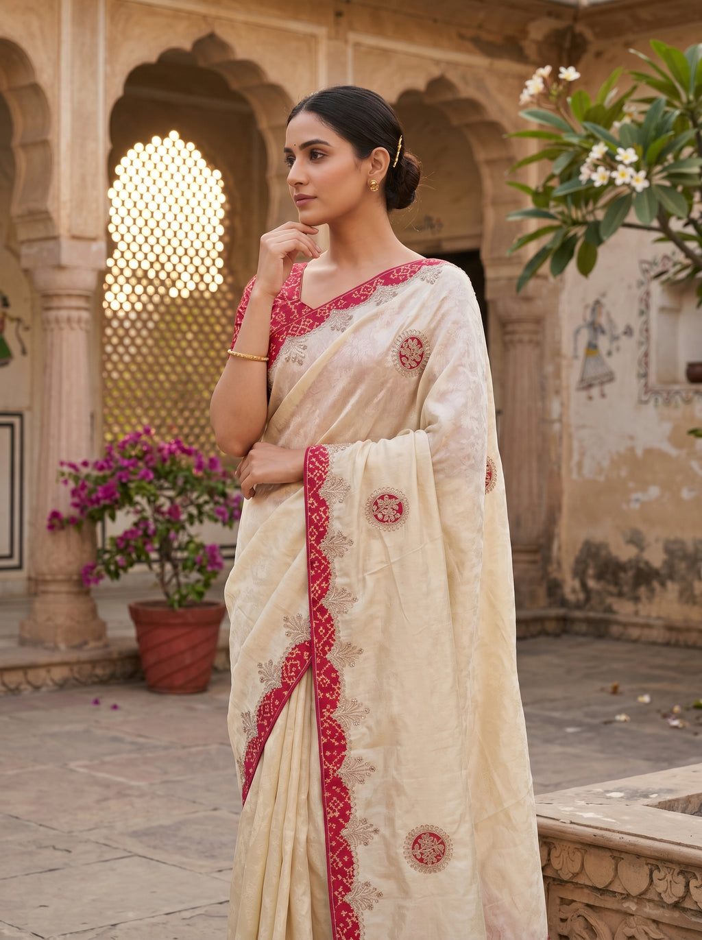 Ivory Self Tissue Silk Saree with Patola Ikat Border, Gota Patti Embroidery & Circular Butti — Comes with Matching Blouse | 3 Border Colour Options