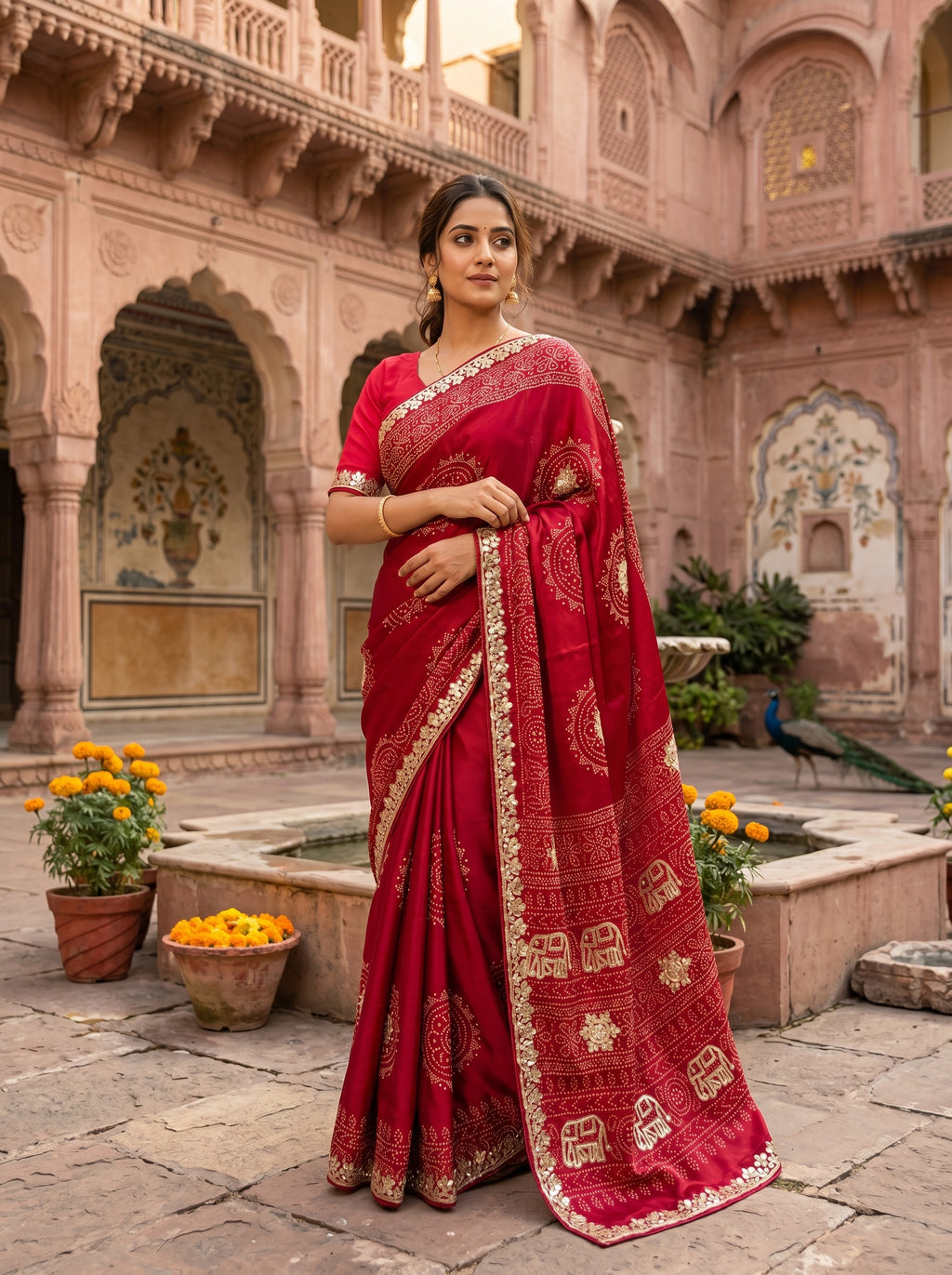 Gaji Silk Bandhani Saree with Gota Patti Work, Diamond Detailing & Elephant Motif Pallu — Comes with Matching Bandhani Blouse | 3 Colours