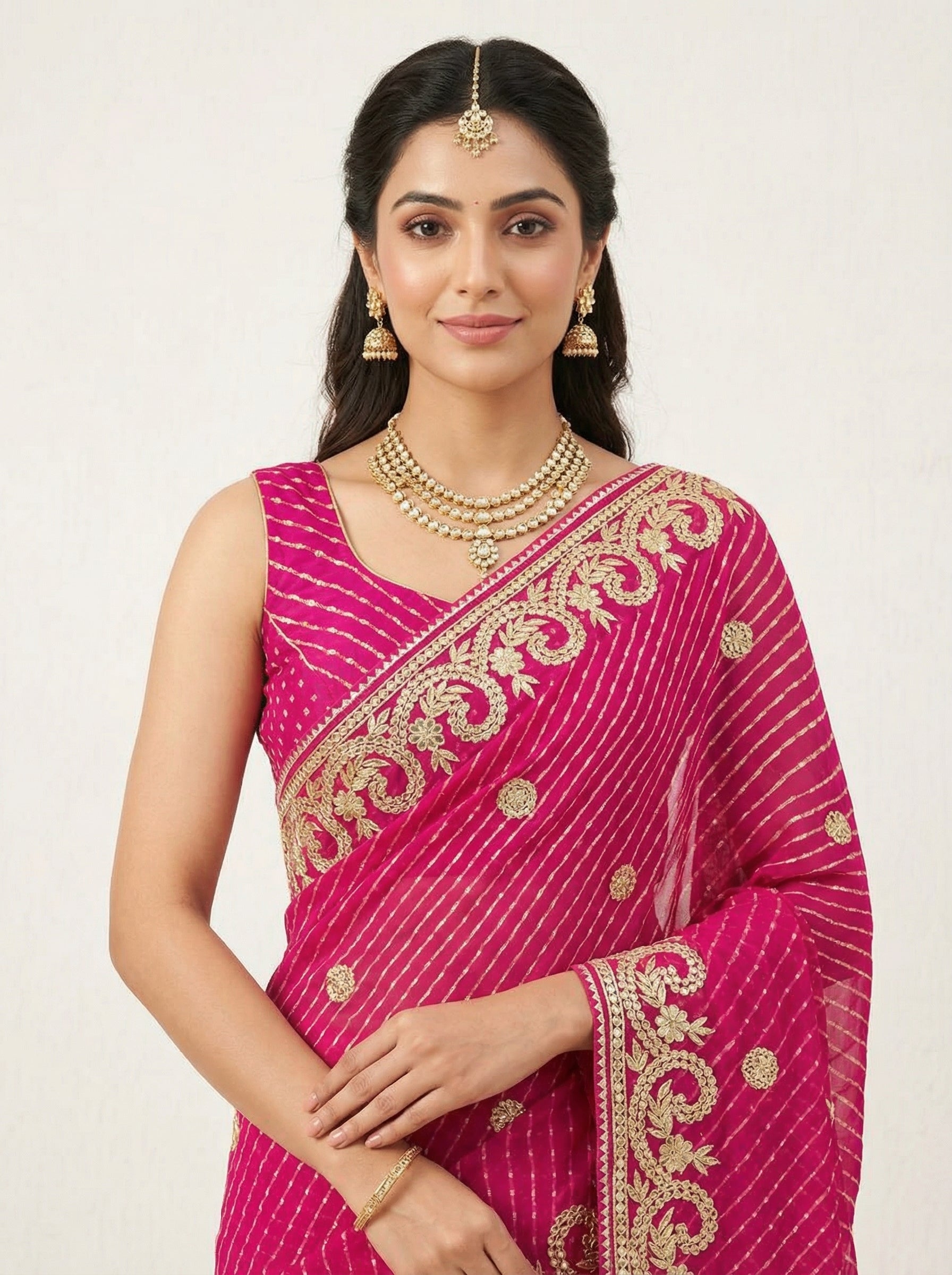 Magenta Leheriya Motda Saree with Rich Gota Patti Border | Festive & Wedding Wear Saree with Blouse