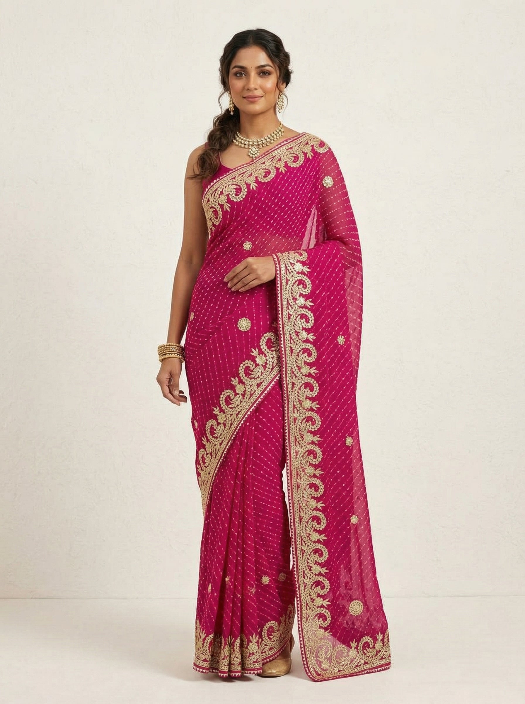 Magenta Leheriya Motda Saree with Rich Gota Patti Border | Festive & Wedding Wear Saree with Blouse