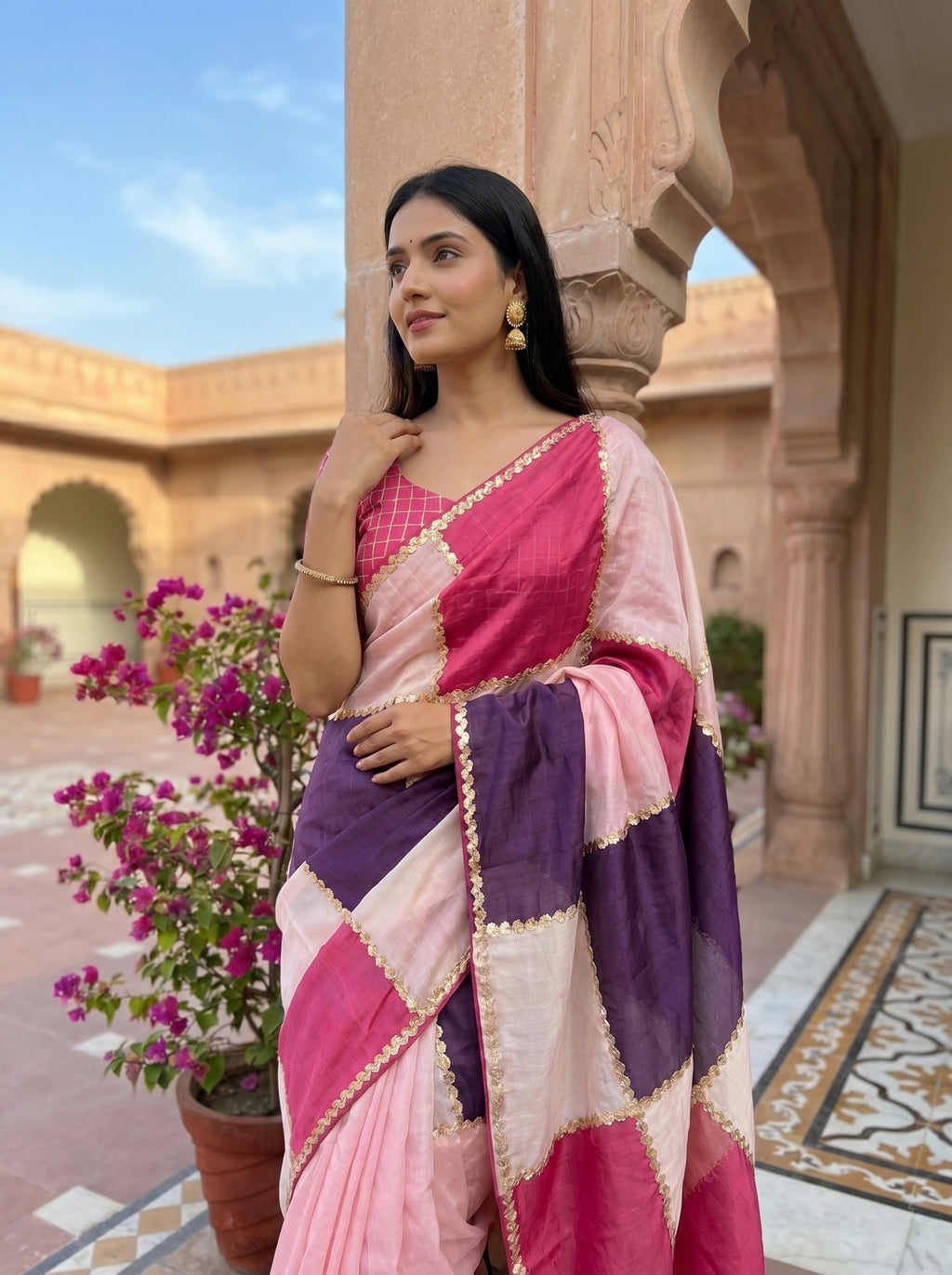 Royal Pastel Grid Chanderi Saree with Gota Patti Detailing | Elegant Party Wear Saree