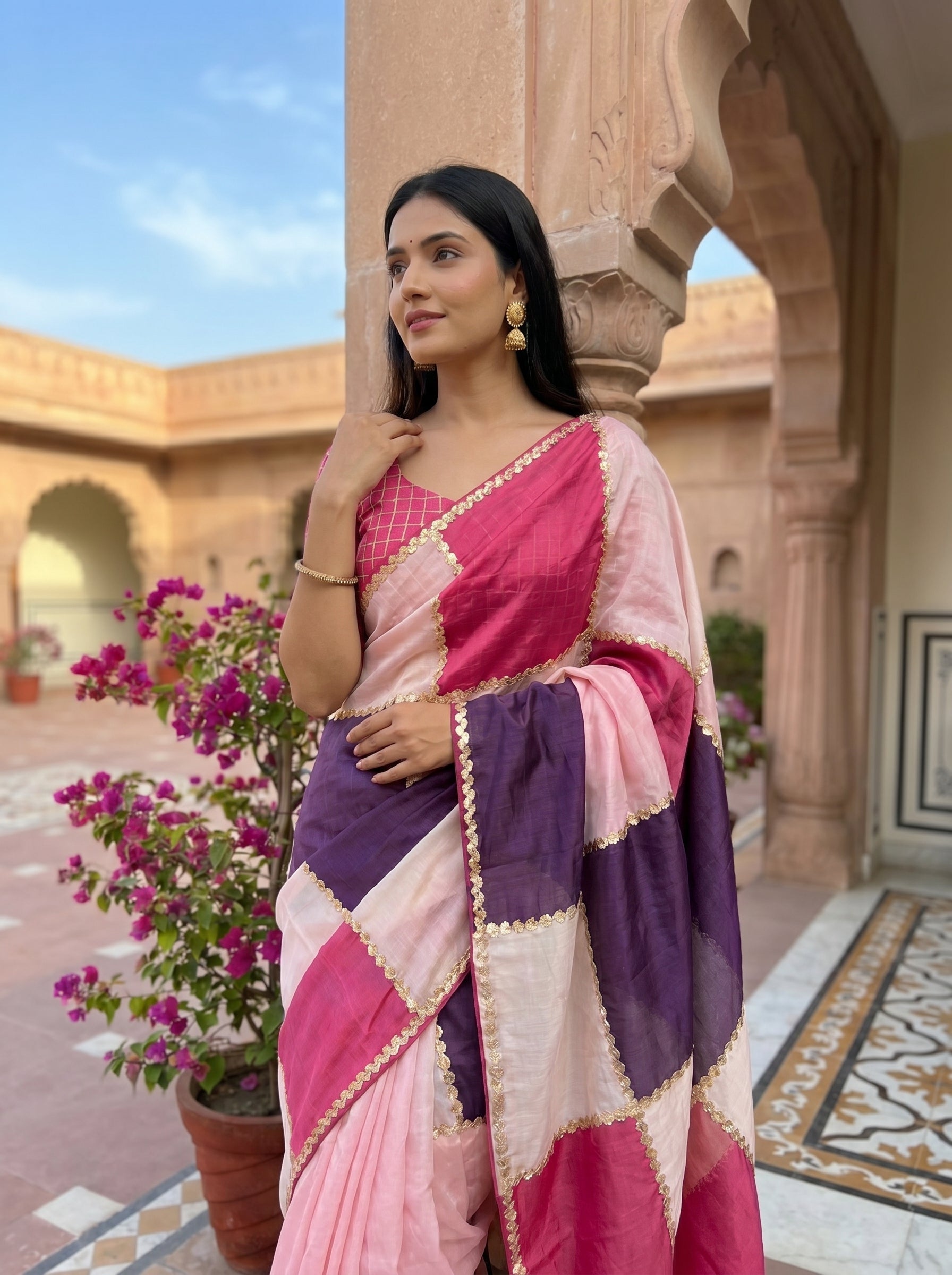 Royal Pastel Grid Chanderi Saree with Gota Patti Detailing | Elegant Party Wear Saree