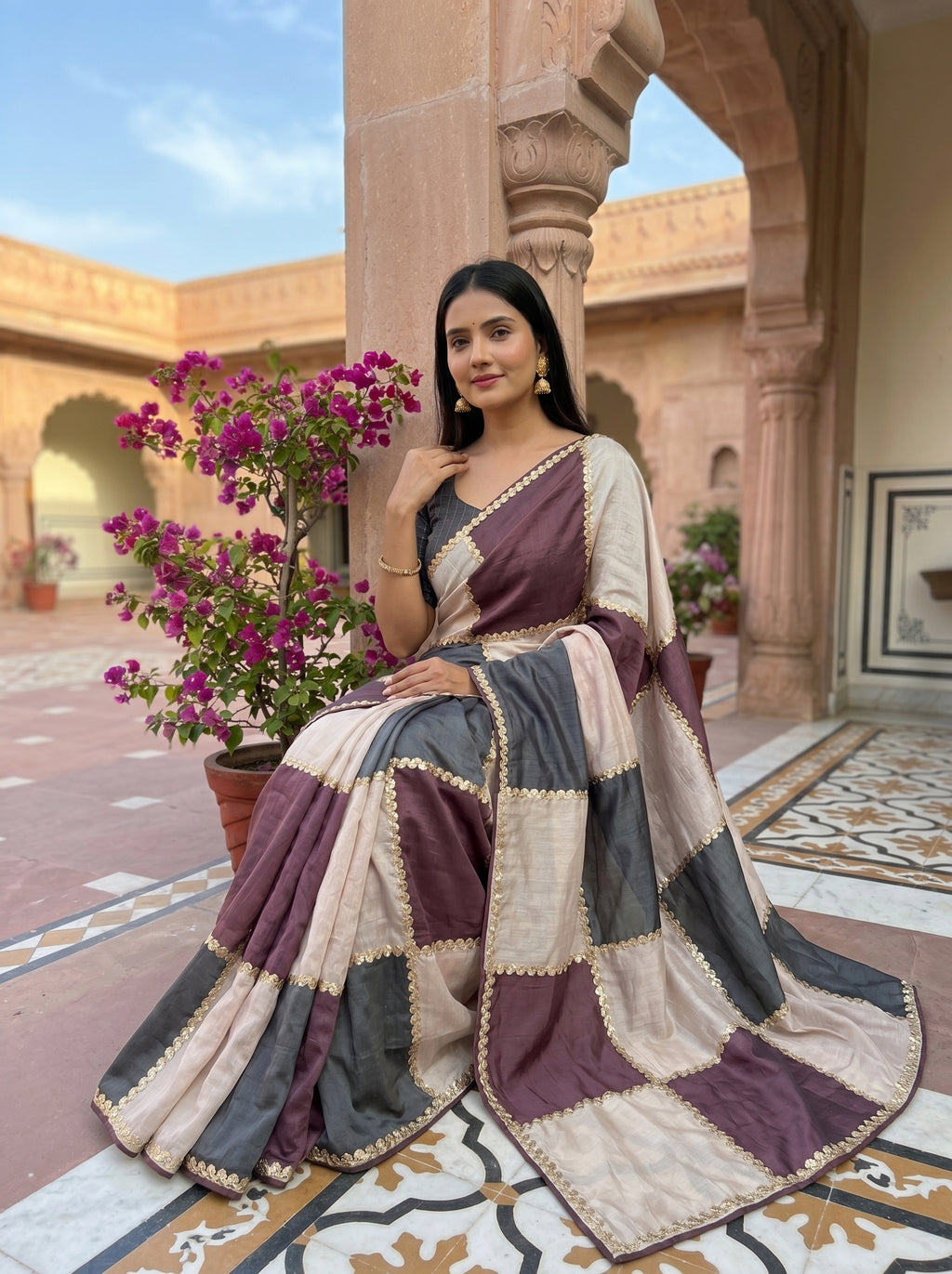 Royal Pastel Grid Chanderi Saree with Gota Patti Detailing | Elegant Party Wear Saree