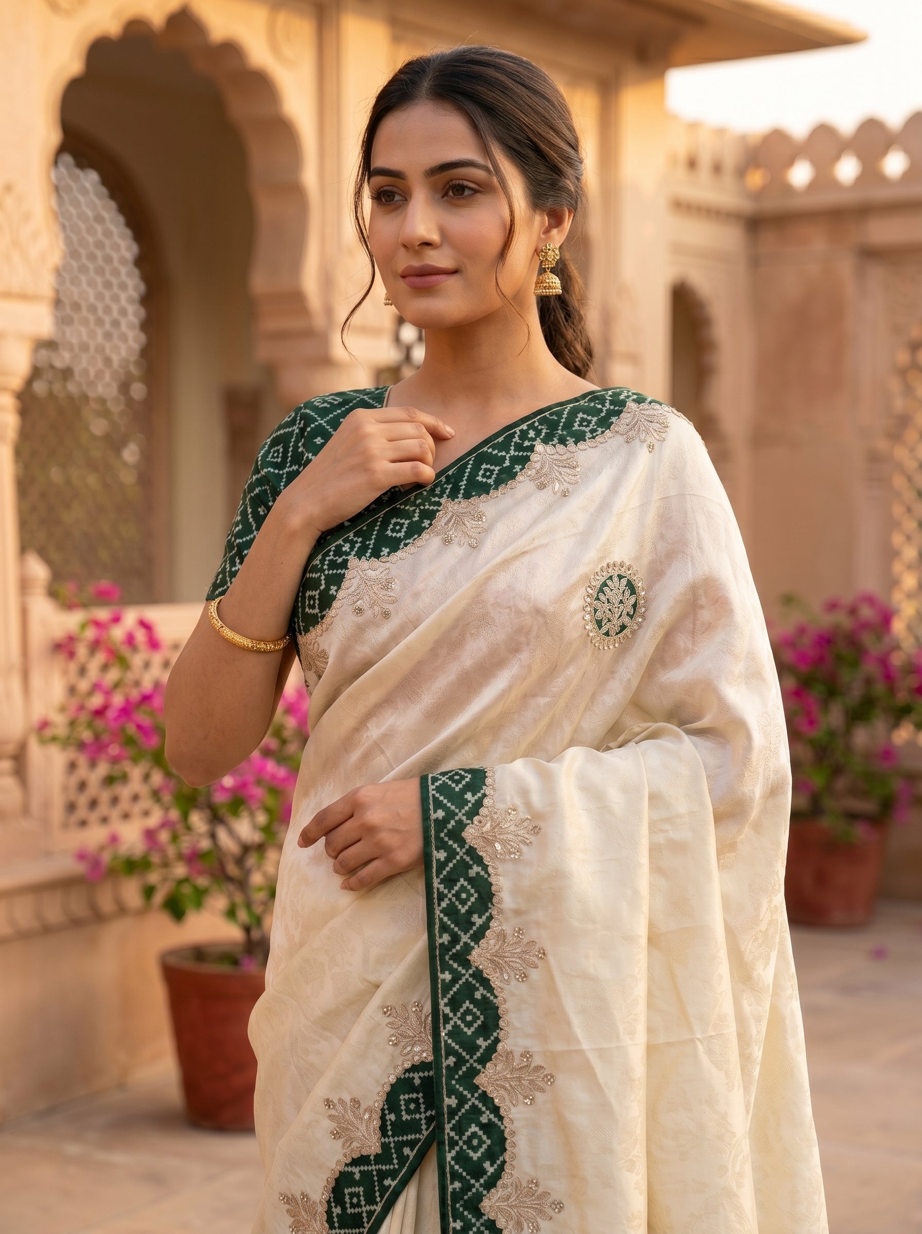 Ivory Self Tissue Silk Saree with Patola Ikat Border, Gota Patti Embroidery & Circular Butti — Comes with Matching Blouse | 3 Border Colour Options