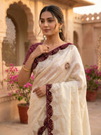 Ivory Self Tissue Silk Saree with Patola Ikat Border, Gota Patti Embroidery & Circular Butti — Comes with Matching Blouse | 3 Border Colour Options