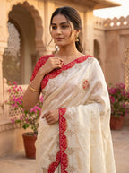 Ivory Self Tissue Silk Saree with Patola Ikat Border, Gota Patti Embroidery & Circular Butti — Comes with Matching Blouse | 3 Border Colour Options