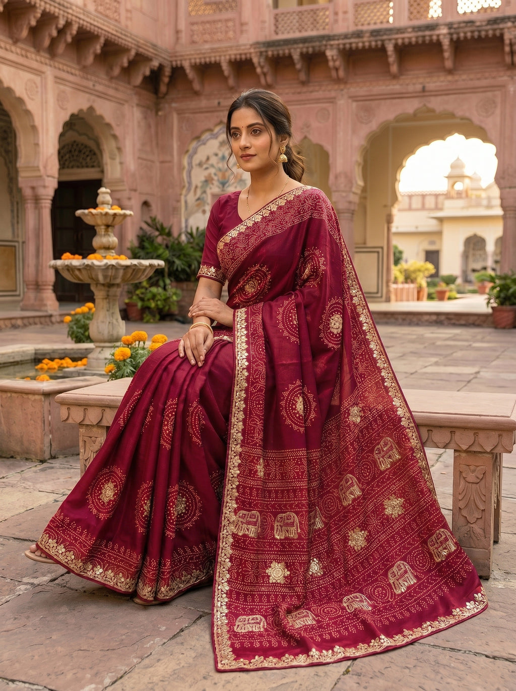 Gaji Silk Bandhani Saree with Gota Patti Work, Diamond Detailing & Elephant Motif Pallu — Comes with Matching Bandhani Blouse | 3 Colours