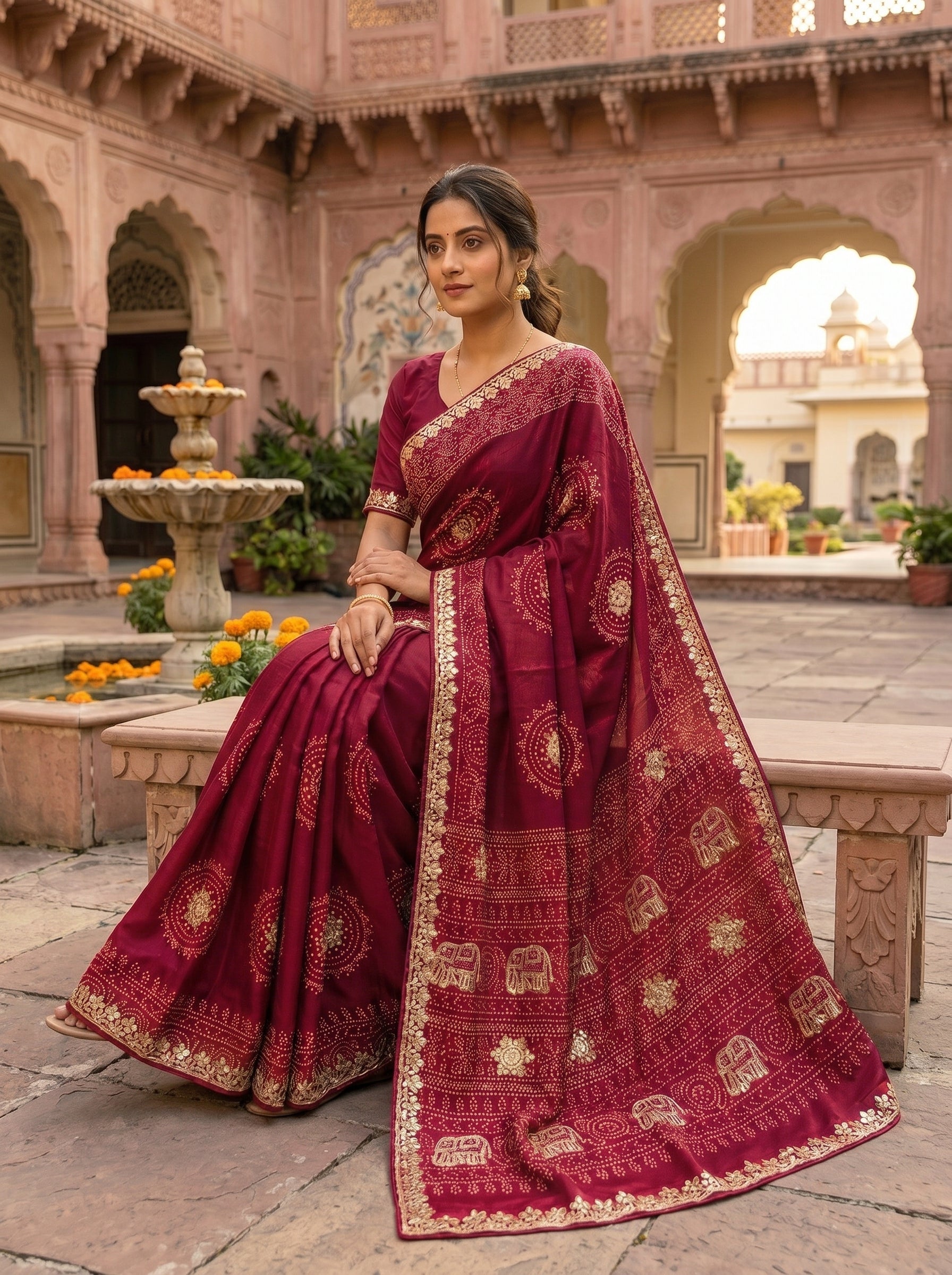 Gaji Silk Bandhani Saree with Gota Patti Work, Diamond Detailing & Elephant Motif Pallu — Comes with Matching Bandhani Blouse | 3 Colours