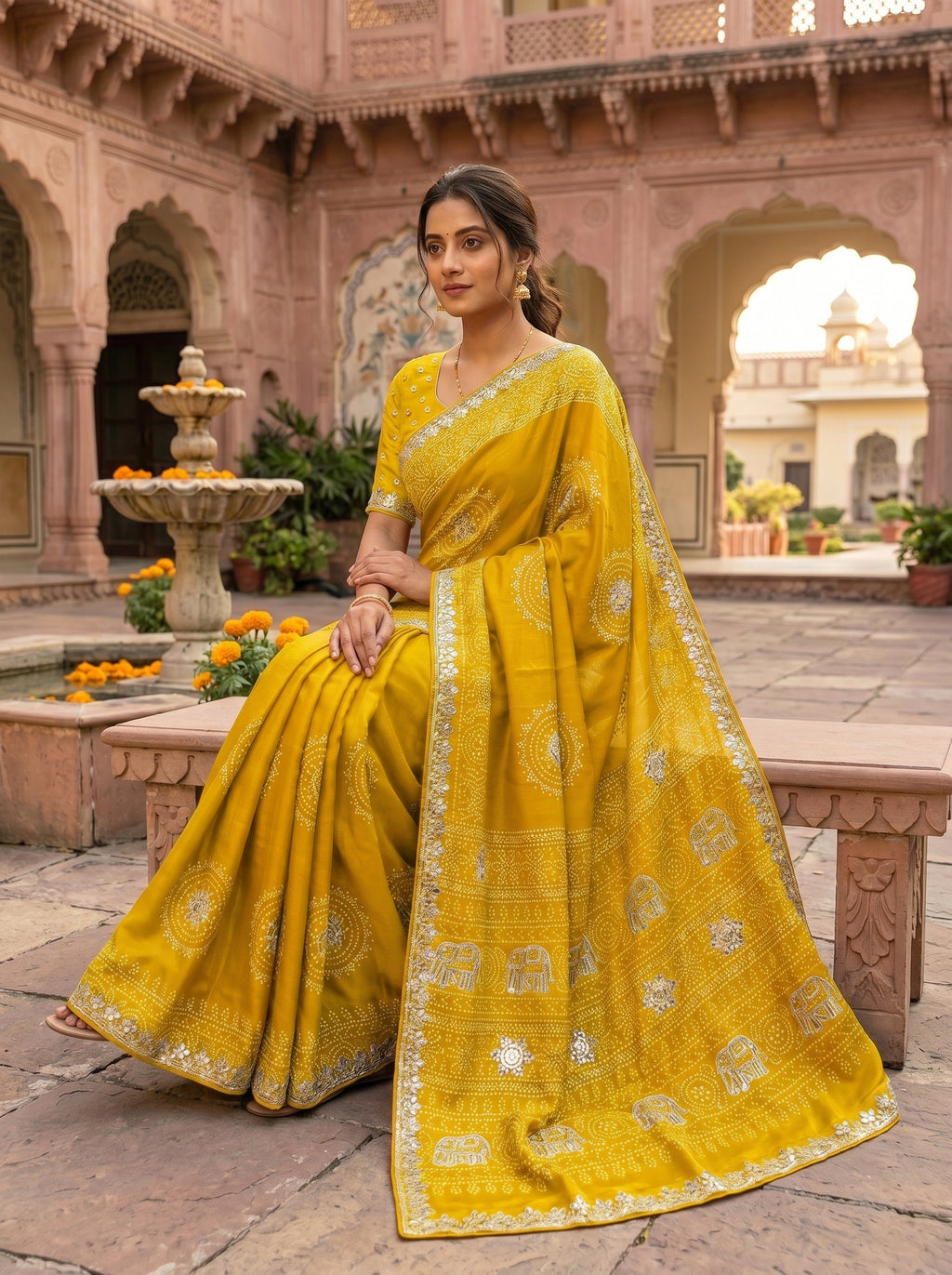 Gaji Silk Bandhani Saree with Gota Patti Work, Diamond Detailing & Elephant Motif Pallu — Comes with Matching Bandhani Blouse | 3 Colours