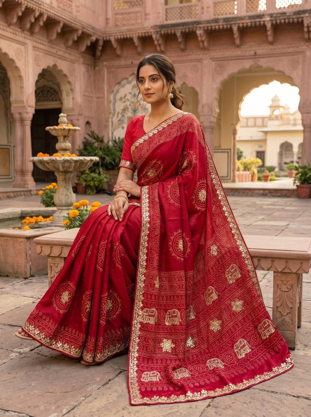 Gaji Silk Bandhani Saree with Gota Patti Work, Diamond Detailing & Elephant Motif Pallu — Comes with Matching Bandhani Blouse | 3 Colours