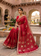 Gaji Silk Bandhani Saree with Gota Patti Work, Diamond Detailing & Elephant Motif Pallu — Comes with Matching Bandhani Blouse | 3 Colours