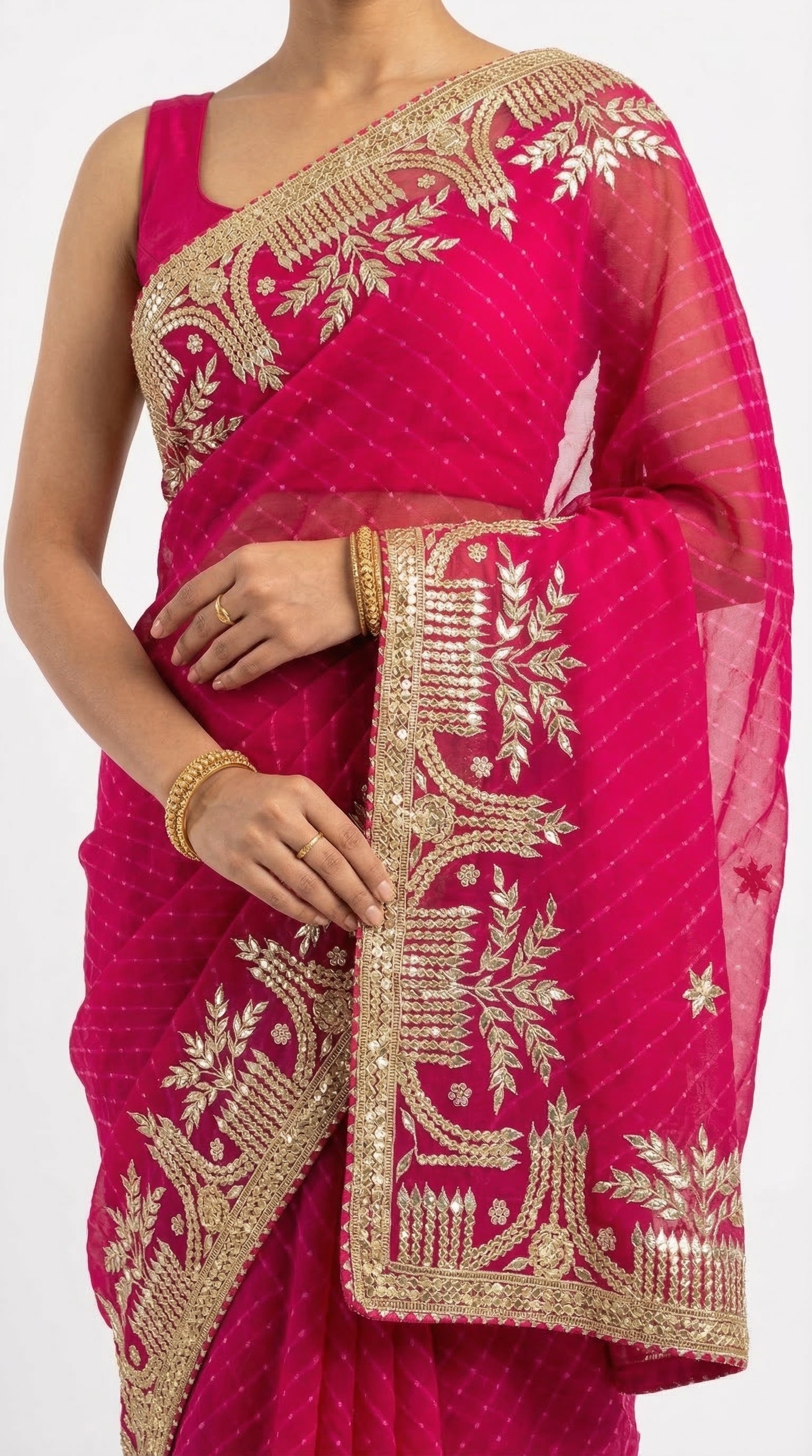 Rani colour Motda Leheriya Saree with Architectural Temple Gota Patti Border | Festive & Wedding Wear Saree with Blouse