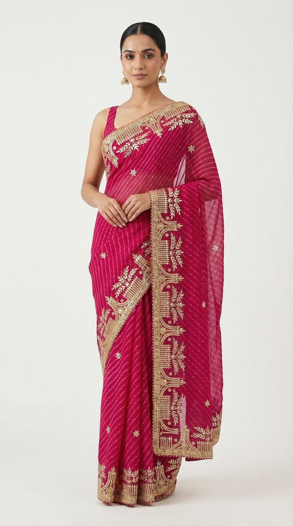 Rani colour Motda Leheriya Saree with Architectural Temple Gota Patti Border | Festive & Wedding Wear Saree with Blouse