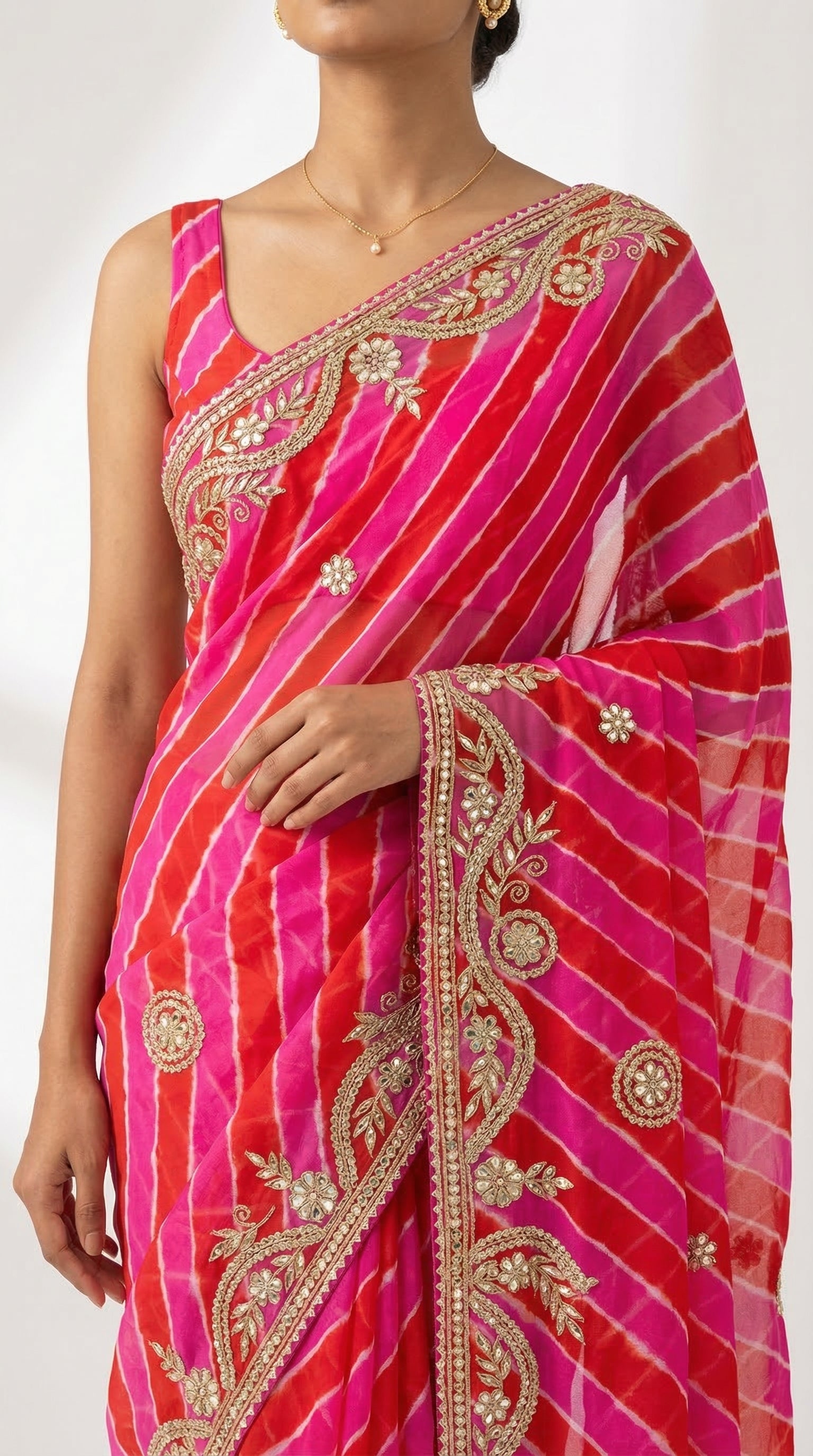 Pink & Red Dual Tone Leheriya Saree with Floral Gota Patti Wavy Border | Festive Wear Saree with Blouse