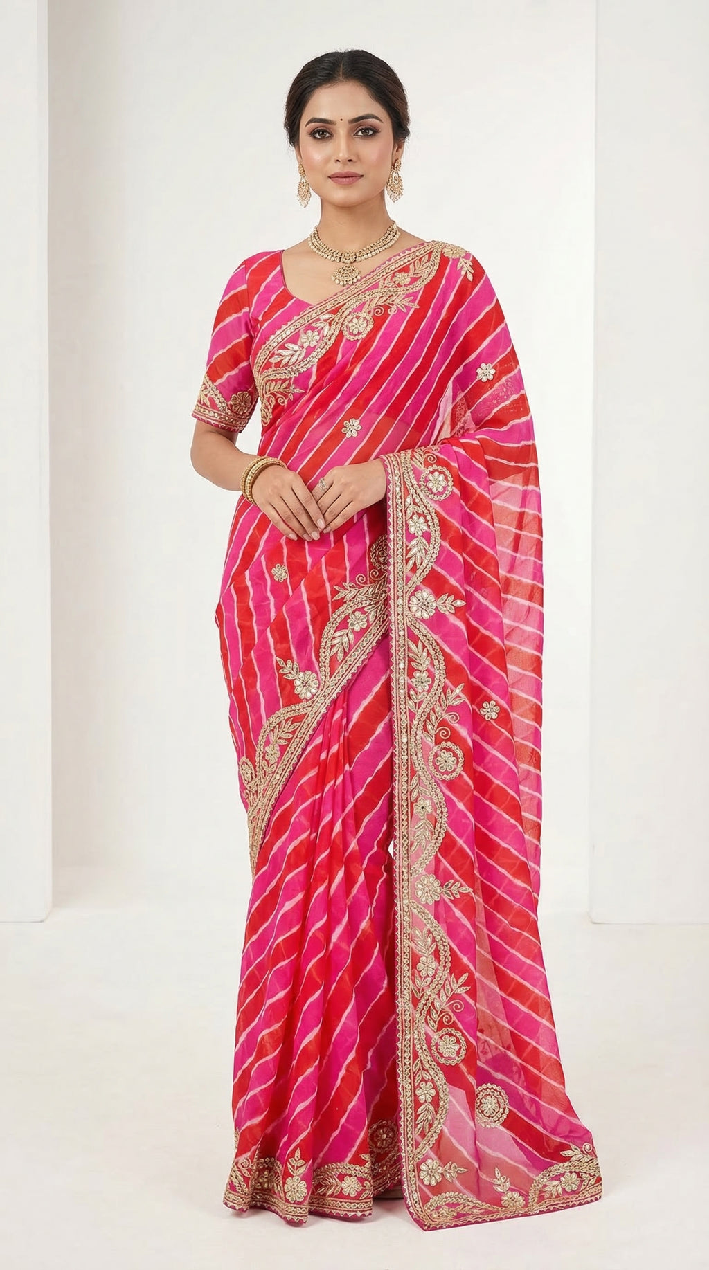 Pink & Red Dual Tone Leheriya Saree with Floral Gota Patti Wavy Border | Festive Wear Saree with Blouse