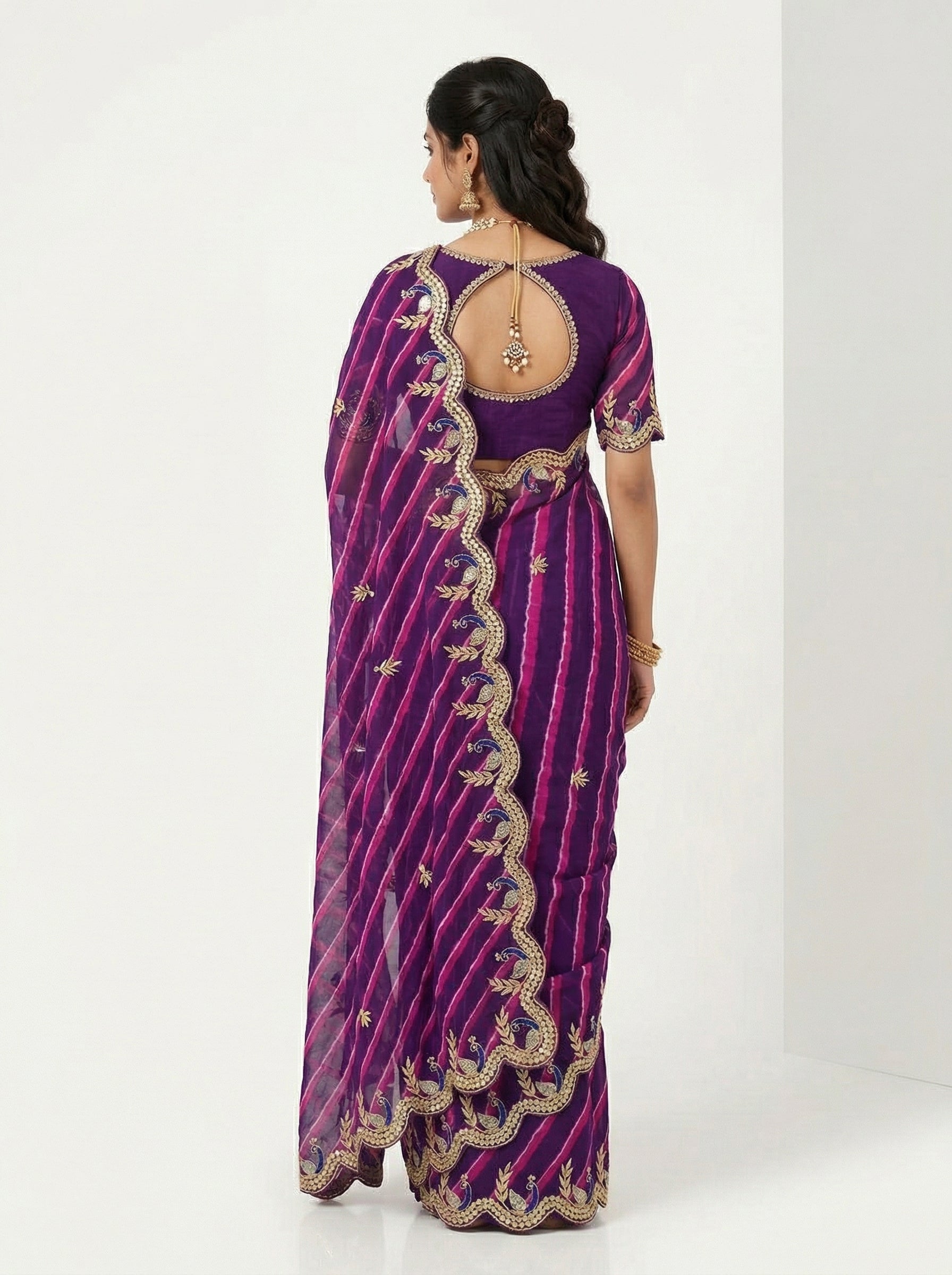Purple & Pink Leheriya Saree with Blue Peacock Scalloped Gotta Patti Border | Bridal & Festive Wear Saree