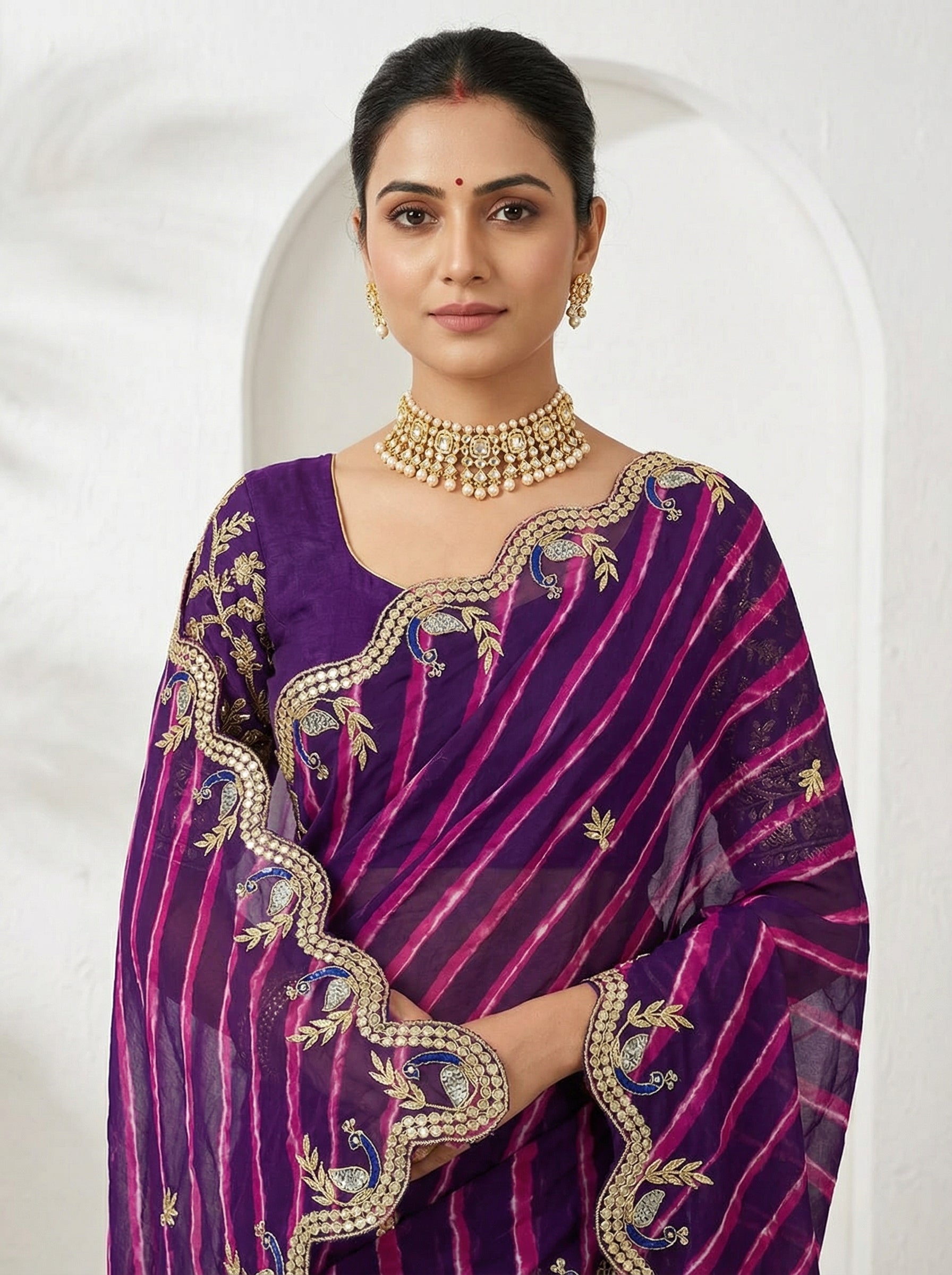 Purple & Pink Leheriya Saree with Blue Peacock Scalloped Gotta Patti Border | Bridal & Festive Wear Saree