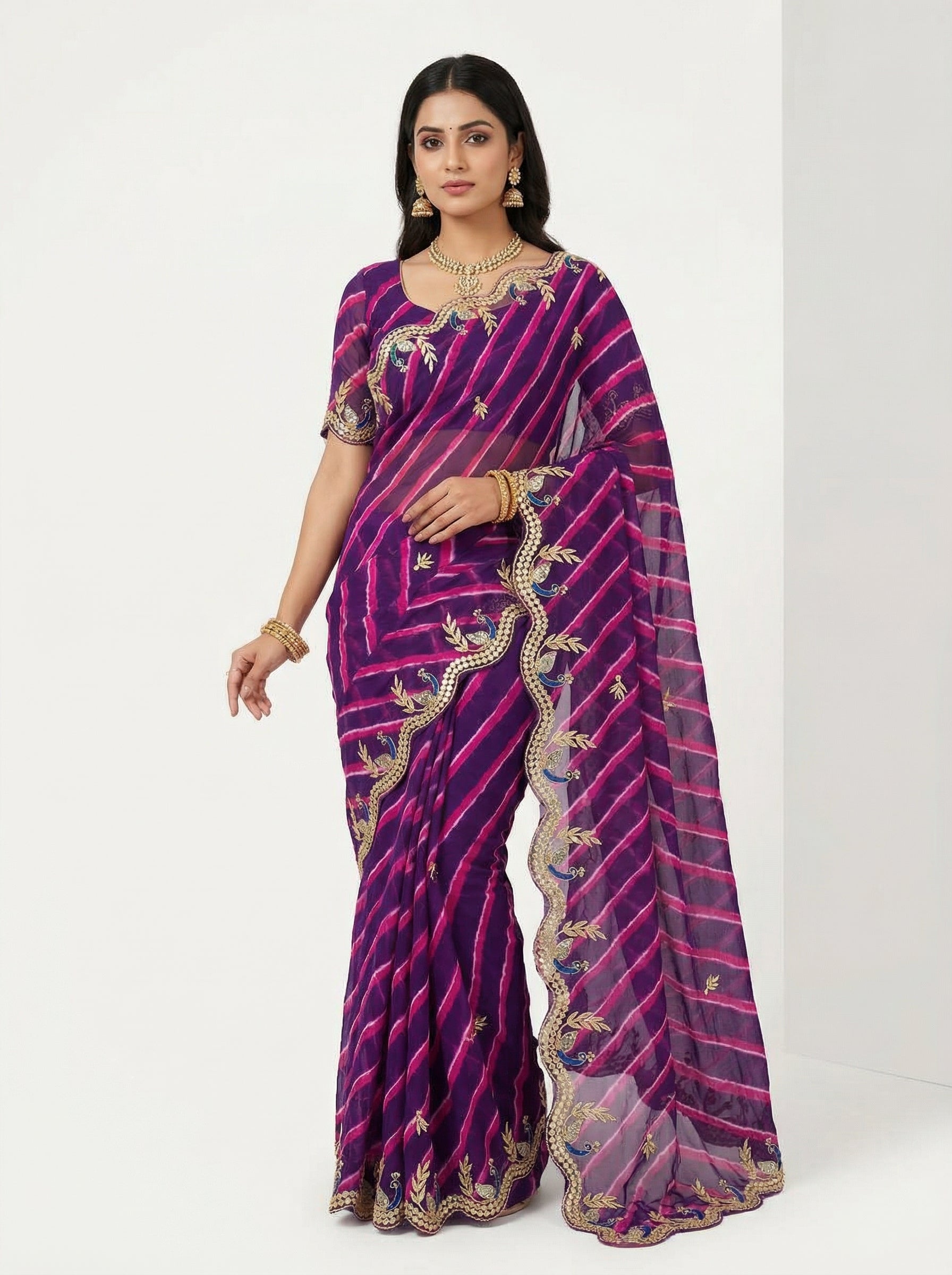 Purple & Pink Leheriya Saree with Blue Peacock Scalloped Gotta Patti Border | Bridal & Festive Wear Saree