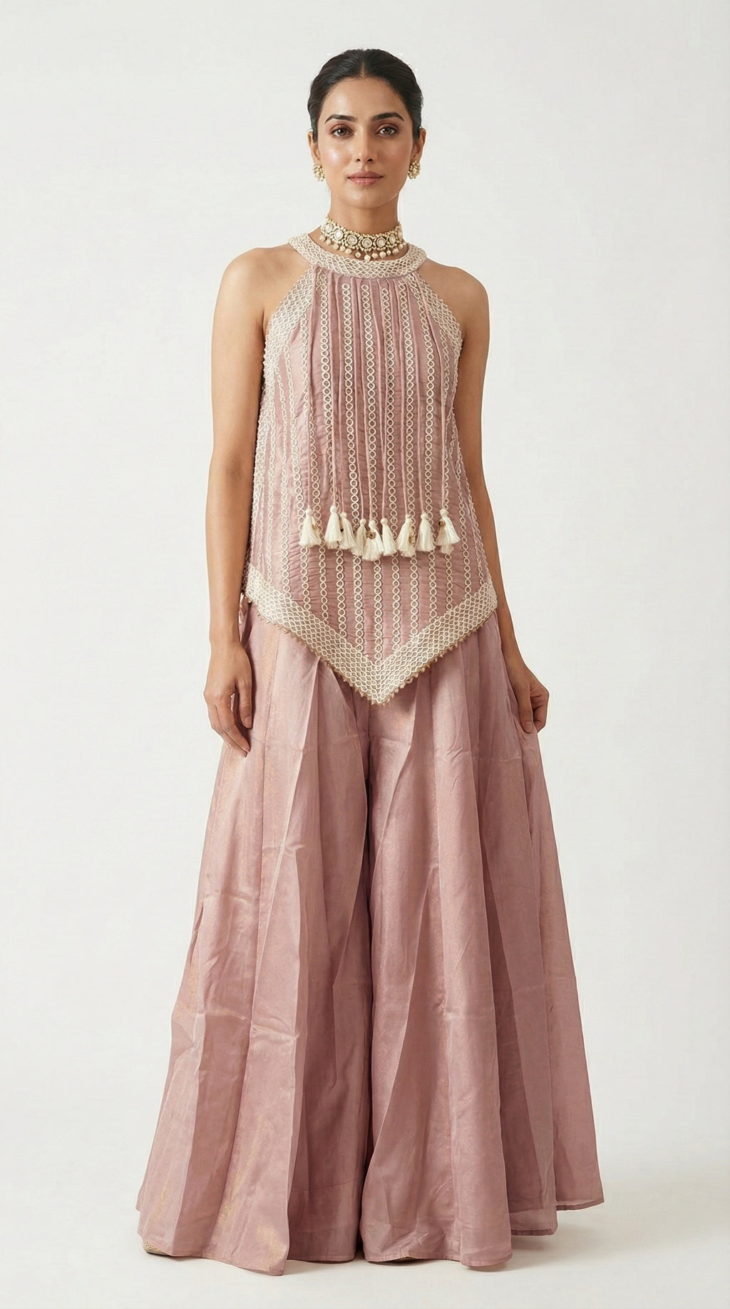 Beige Tissue Sharara Set with Halter Neck Peplum Top & Tassels | Mehendi & Festive Wear