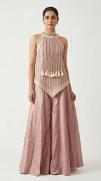 Beige Tissue Sharara Set with Halter Neck Peplum Top & Tassels | Mehendi & Festive Wear