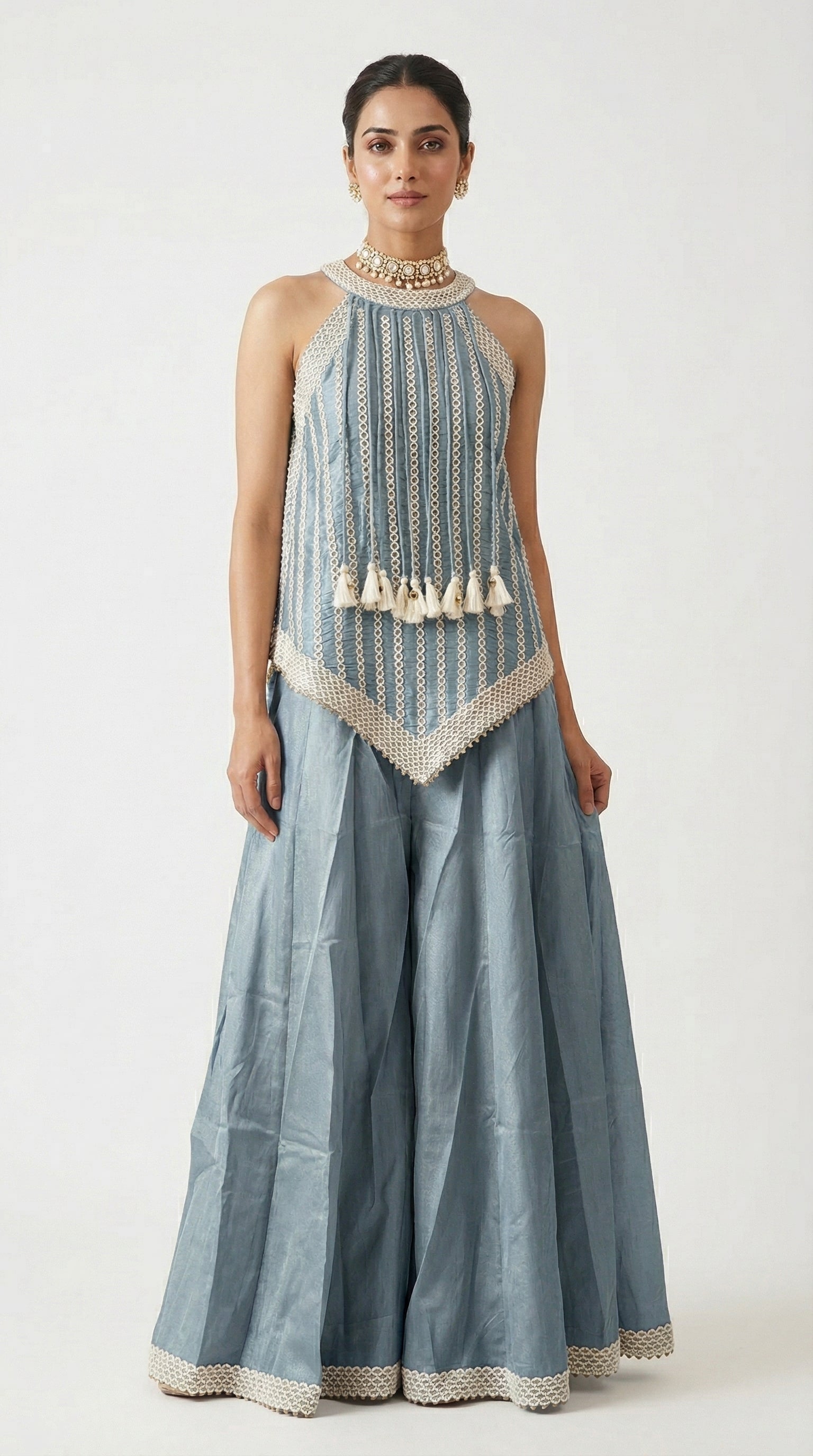 Beige Tissue Sharara Set with Halter Neck Peplum Top & Tassels | Mehendi & Festive Wear