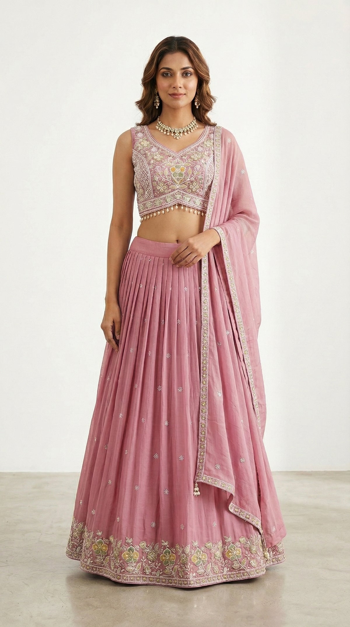 Resham Embroidered Lehenga Choli with Pearl Hem & Dupatta | Chinon Silk Festive Wear