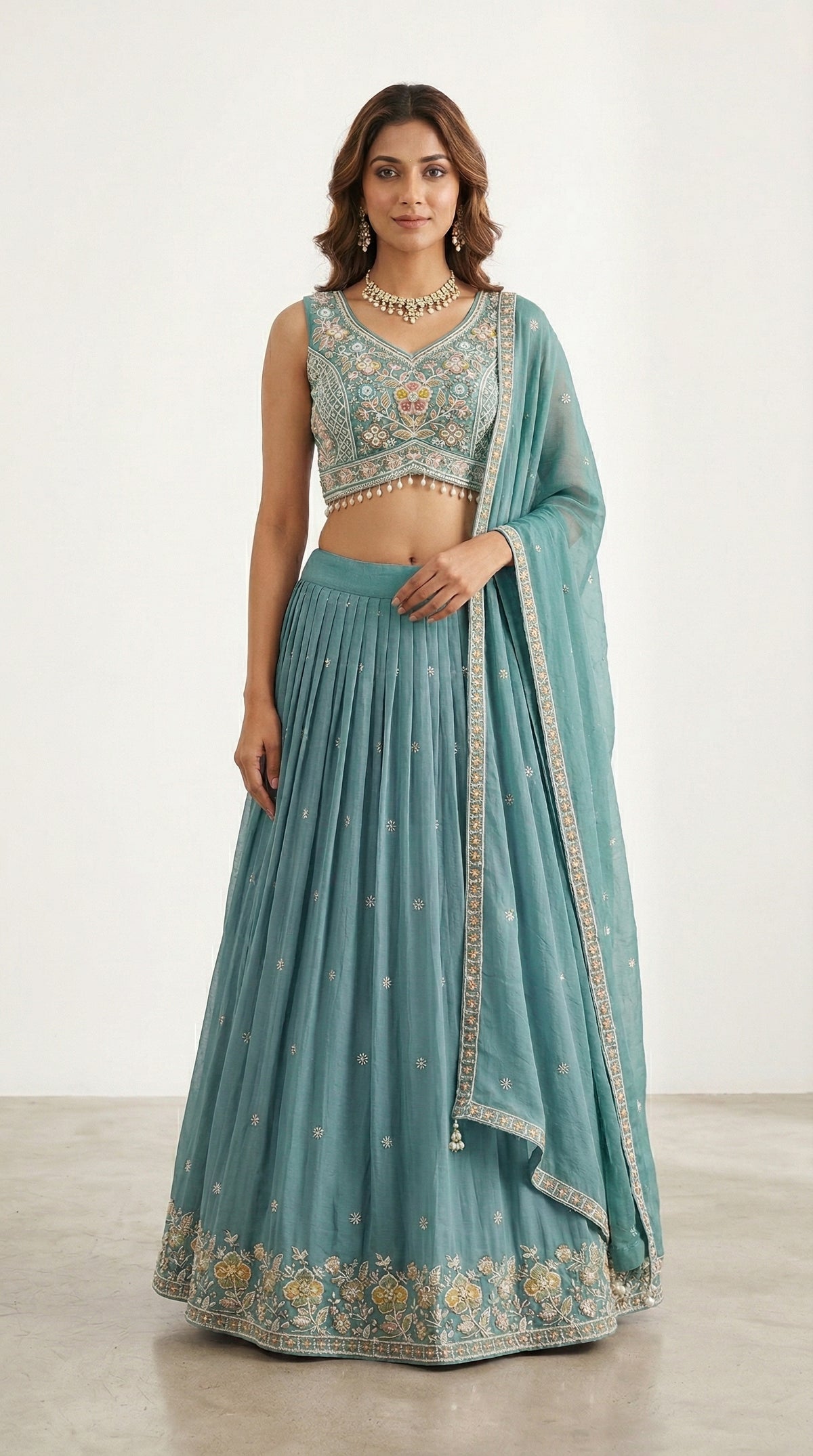 Resham Embroidered Lehenga Choli with Pearl Hem & Dupatta | Chinon Silk Festive Wear